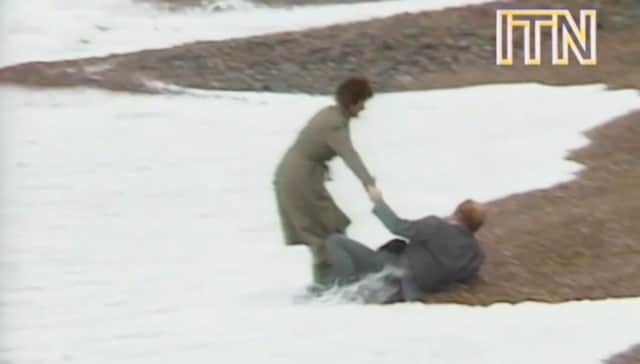 Neil Kinnock falls over on Brighton seafront in 1983.