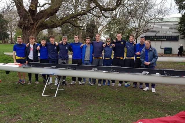 Successful Peterborough City rowers at the Kingston Head of the River. From the left they are Sam Bates, Thomas Jackson, Thomas Bodily, Ted Smith, Callum Gilbey, Damen Sanderson, Connor Mumford, Mike King, Chris Elder, George Bushell, George Wilson, Stuart Holmes and John Canton.